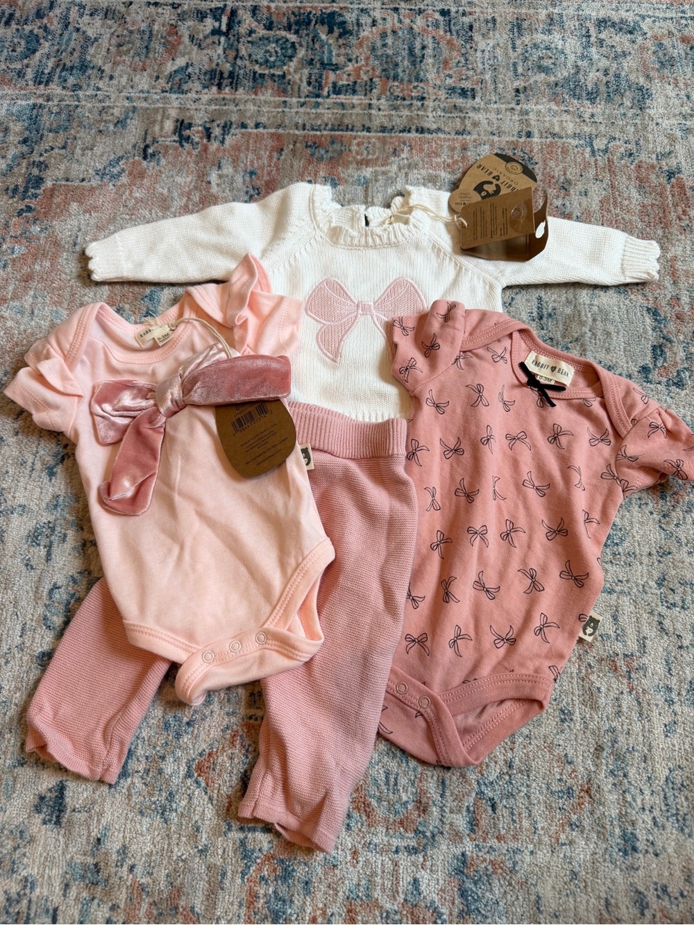 Baby Girls Pink Knit Bow Bodysuit & Pant/sweater Set - Soft Pink